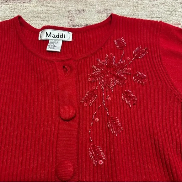 Red long sleeve button up cardigan with snowflake beaded embroidery size small - Picture 4 of 10
